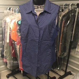 Navy blue and polka dot sleeveless blouse